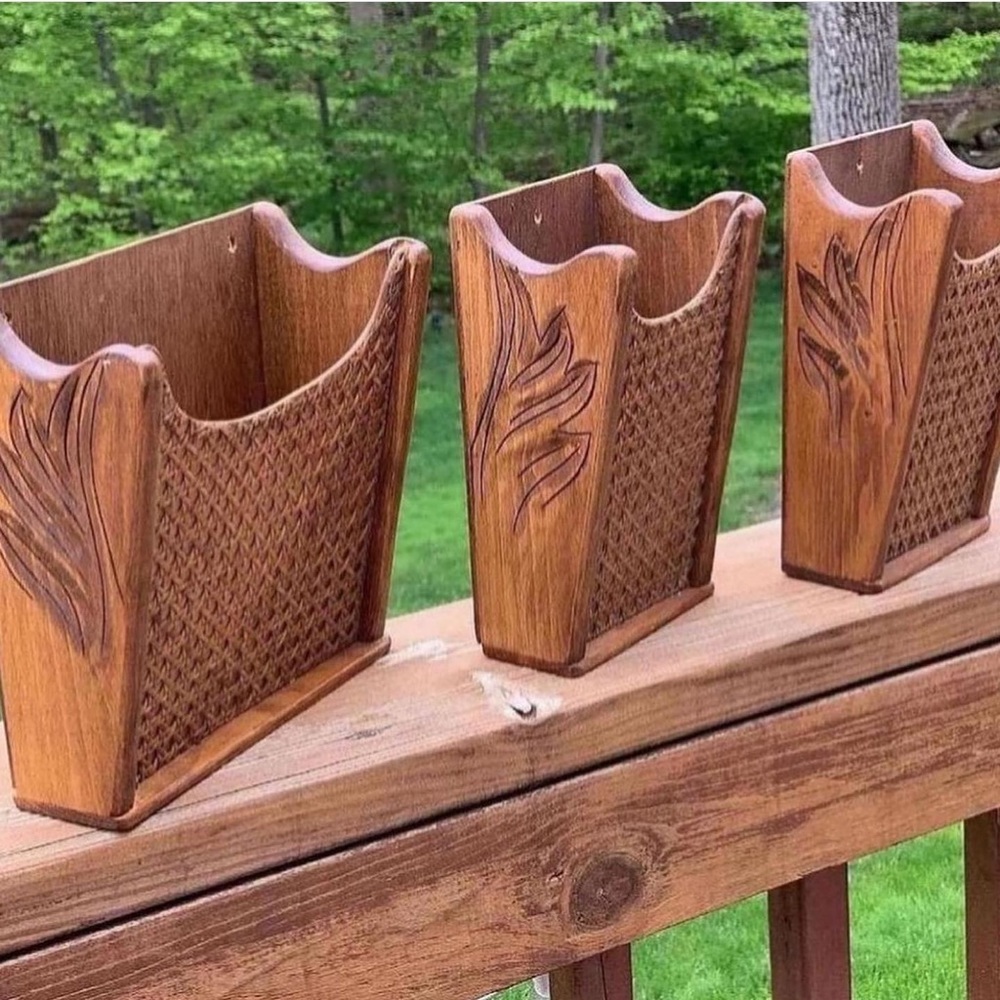 Vintage set of 3 Rattan wood wall pockets with wood design on each side.